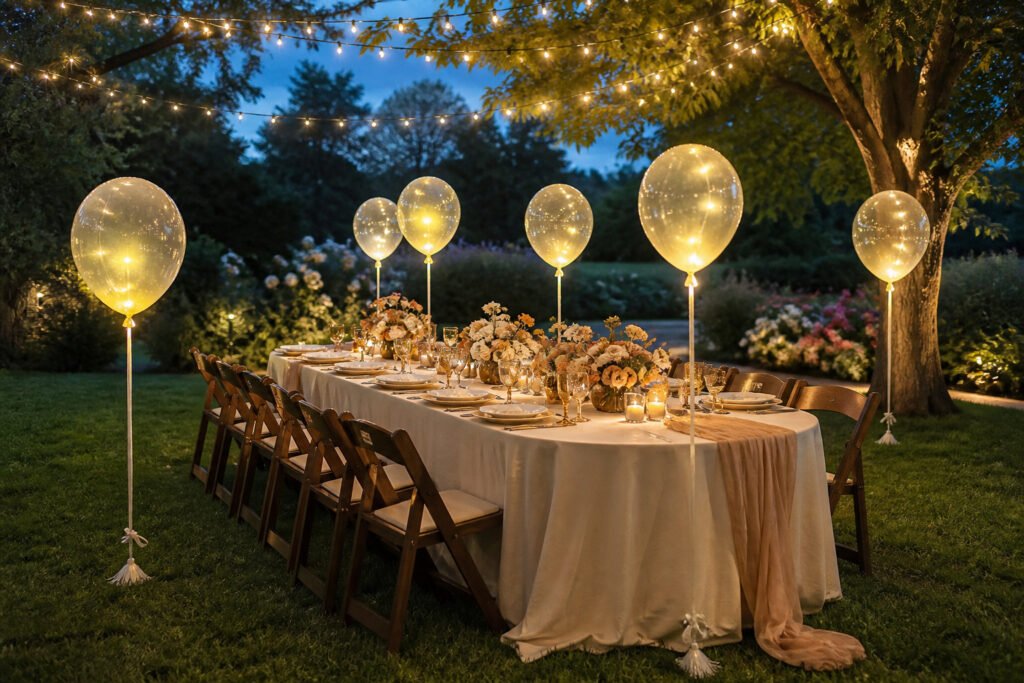An outdoor garden party decorated with balloons and fairy lights at dusk.