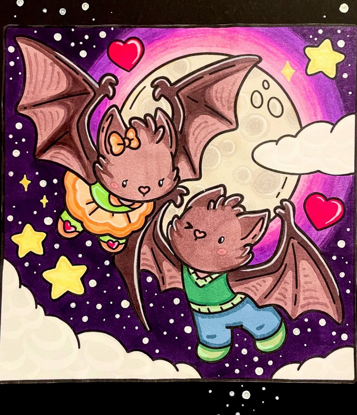 Two cute cartoon bats flying in a starry night sky with a large moon and colorful hearts.