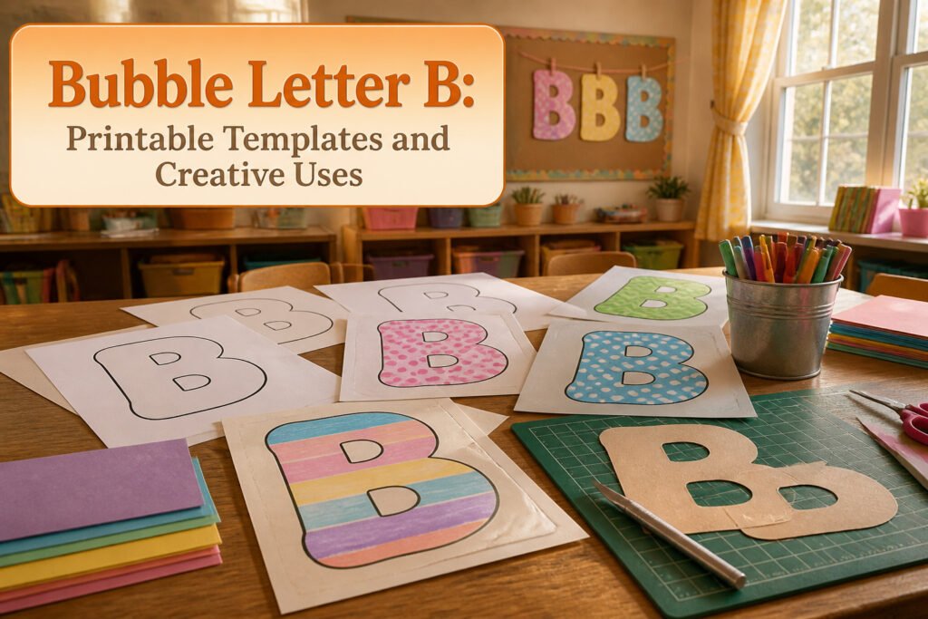 A large bubble letter B filled with colorful crayon scribbles on an art table.