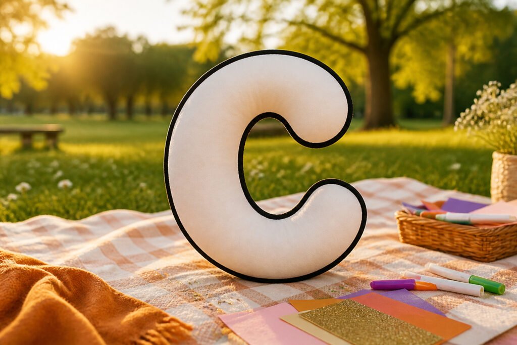 Bubble letter C with a transparent background on a colorful design.