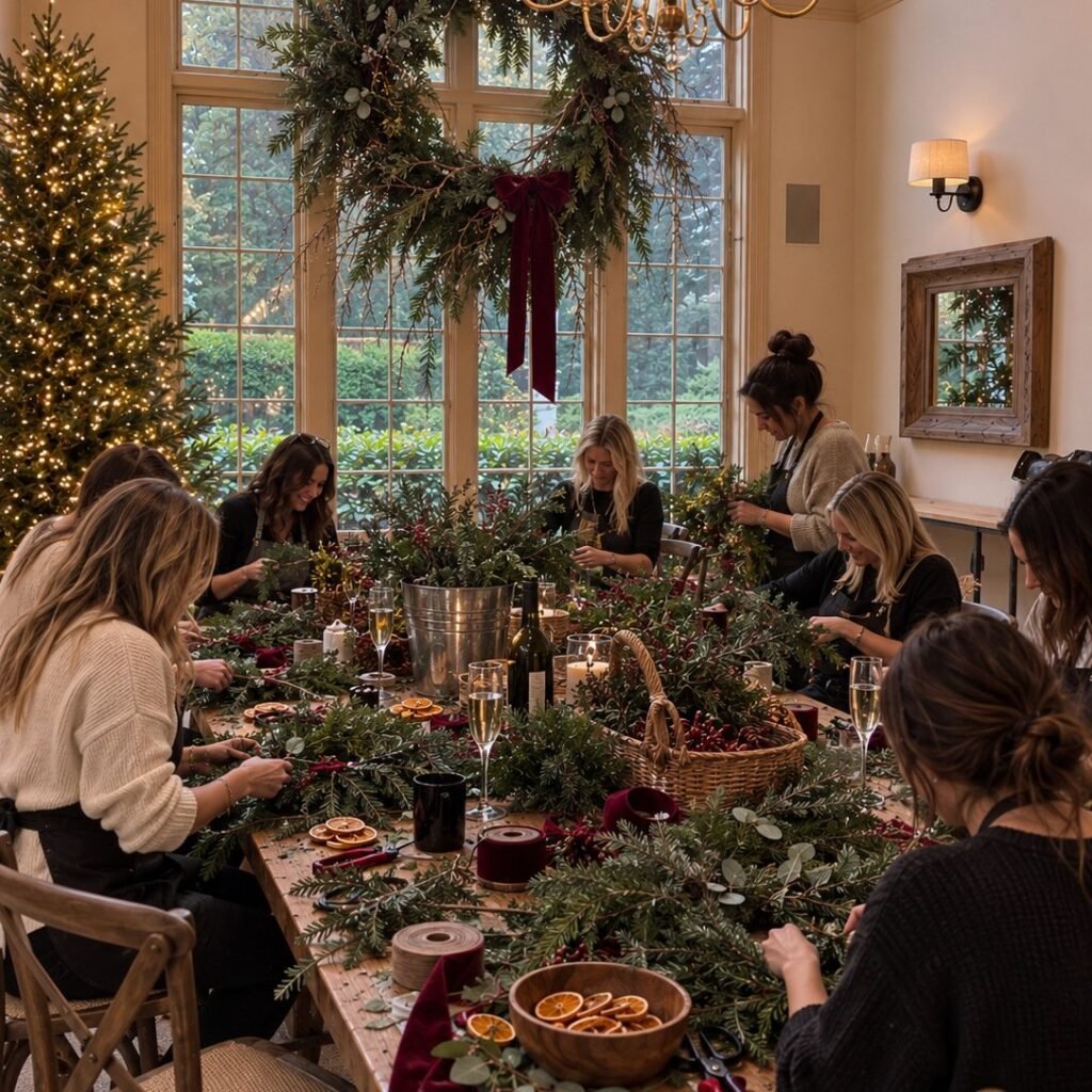 Women sitting at a long table arranging greenery and berries to make holiday wreaths.