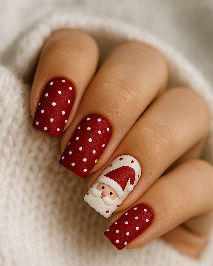 Manicured fingernails with red polka dot nail art and a Santa Claus design on one nail.