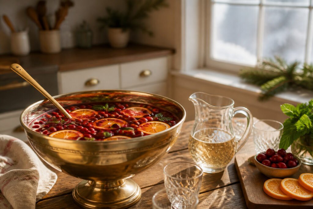 Punch bowl with colorful drink and garnishes like oranges and cranberries.