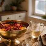 Punch bowl with colorful drink and garnishes like oranges and cranberries.