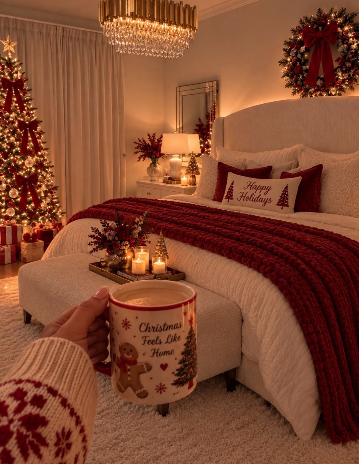 A person holding a Christmas mug in a bedroom decorated with a tree and festive red bedding.