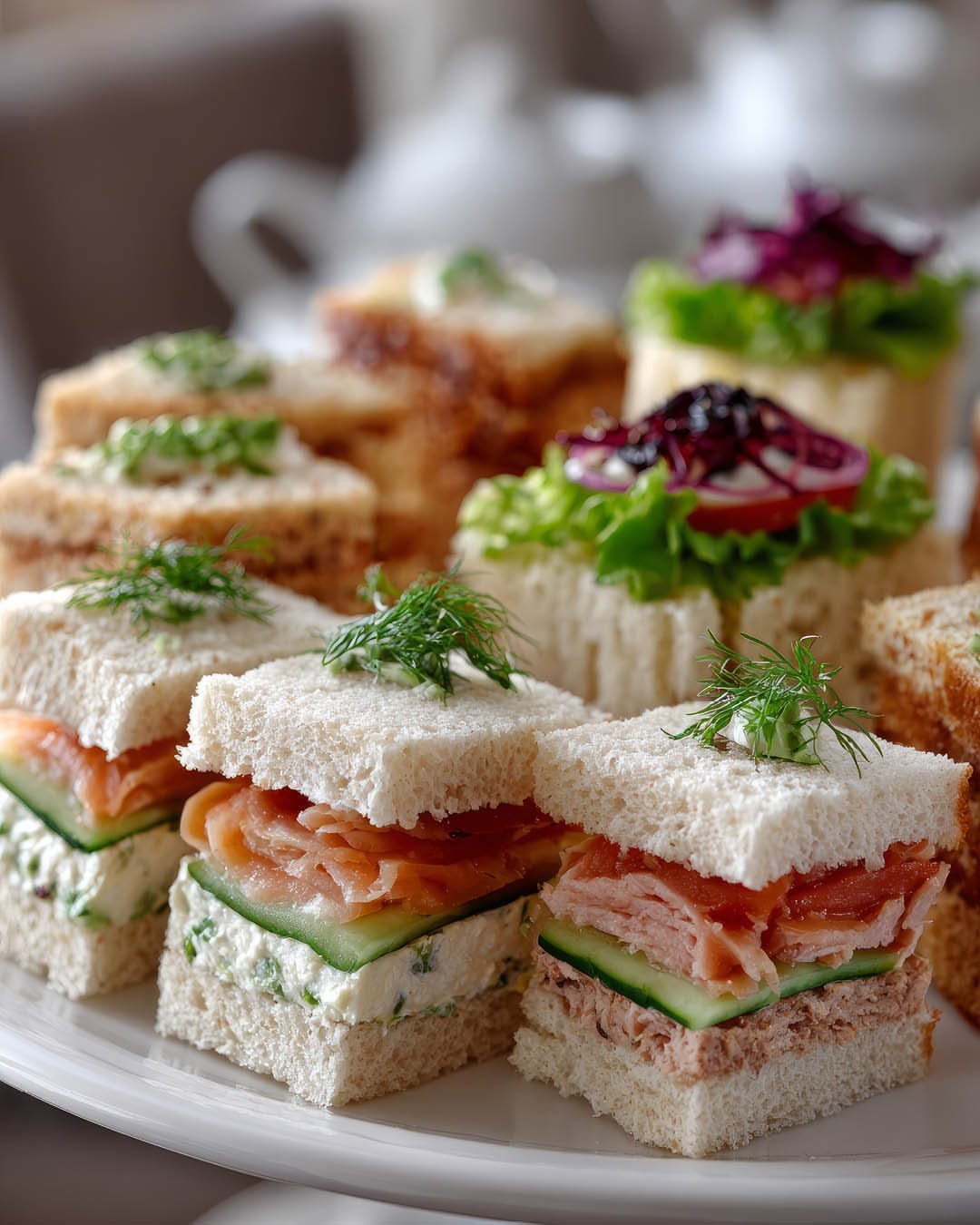 Assorted finger sandwiches with salmon, cucumber, and greens arranged on a white plate.