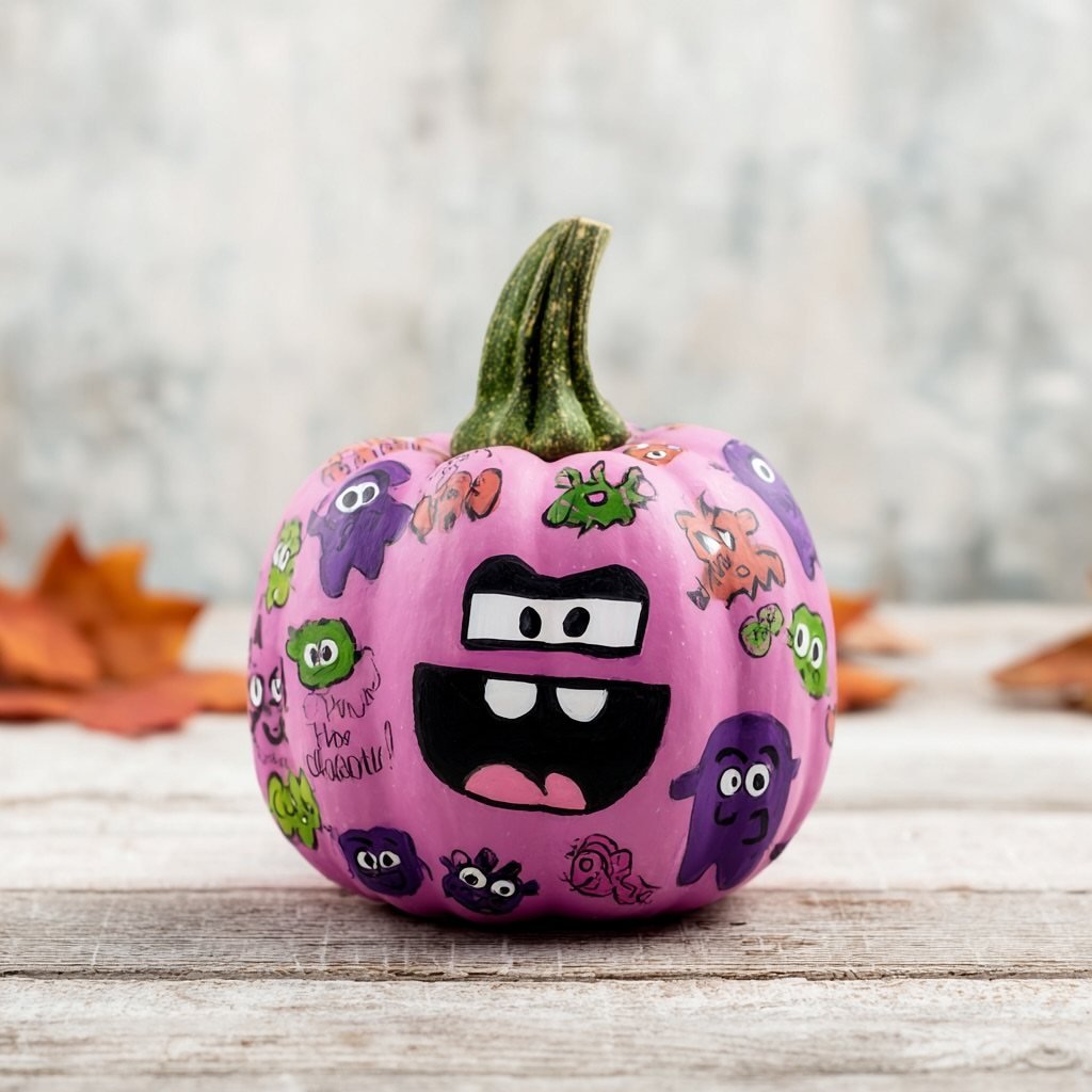 A pink pumpkin painted with colorful, cute cartoon monster faces on a wooden surface.