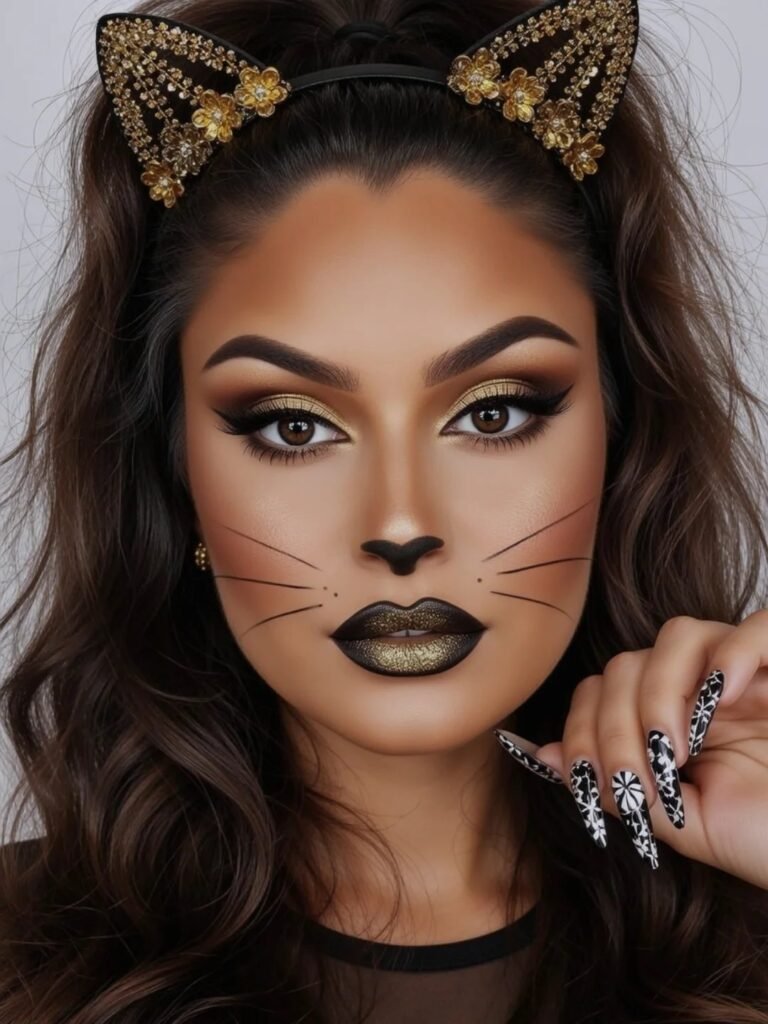Woman with dramatic gold and black cat makeup, whiskers, and jeweled cat ears.