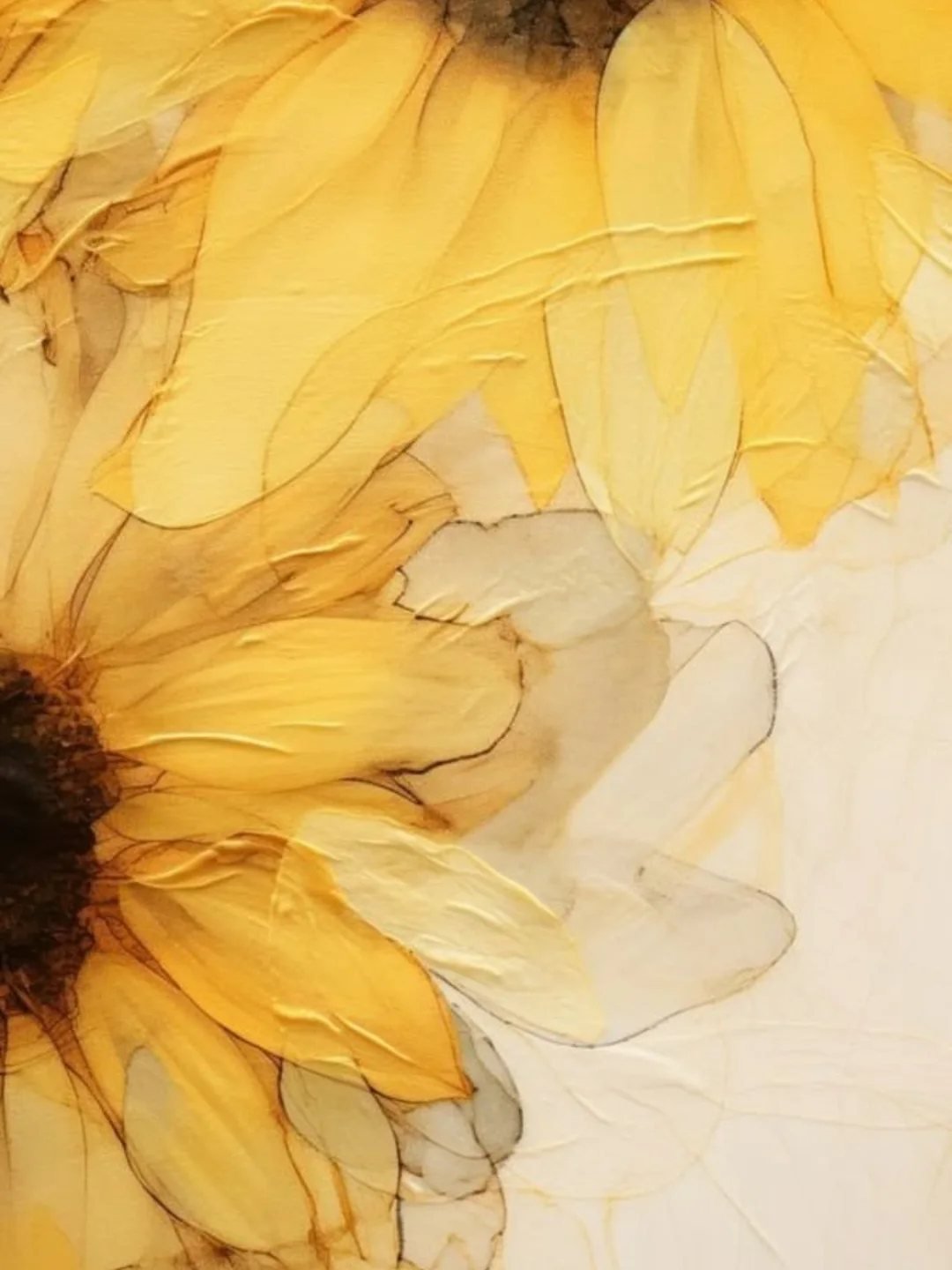 Translucent yellow and white sunflower petals with delicate outlines on a cream background.