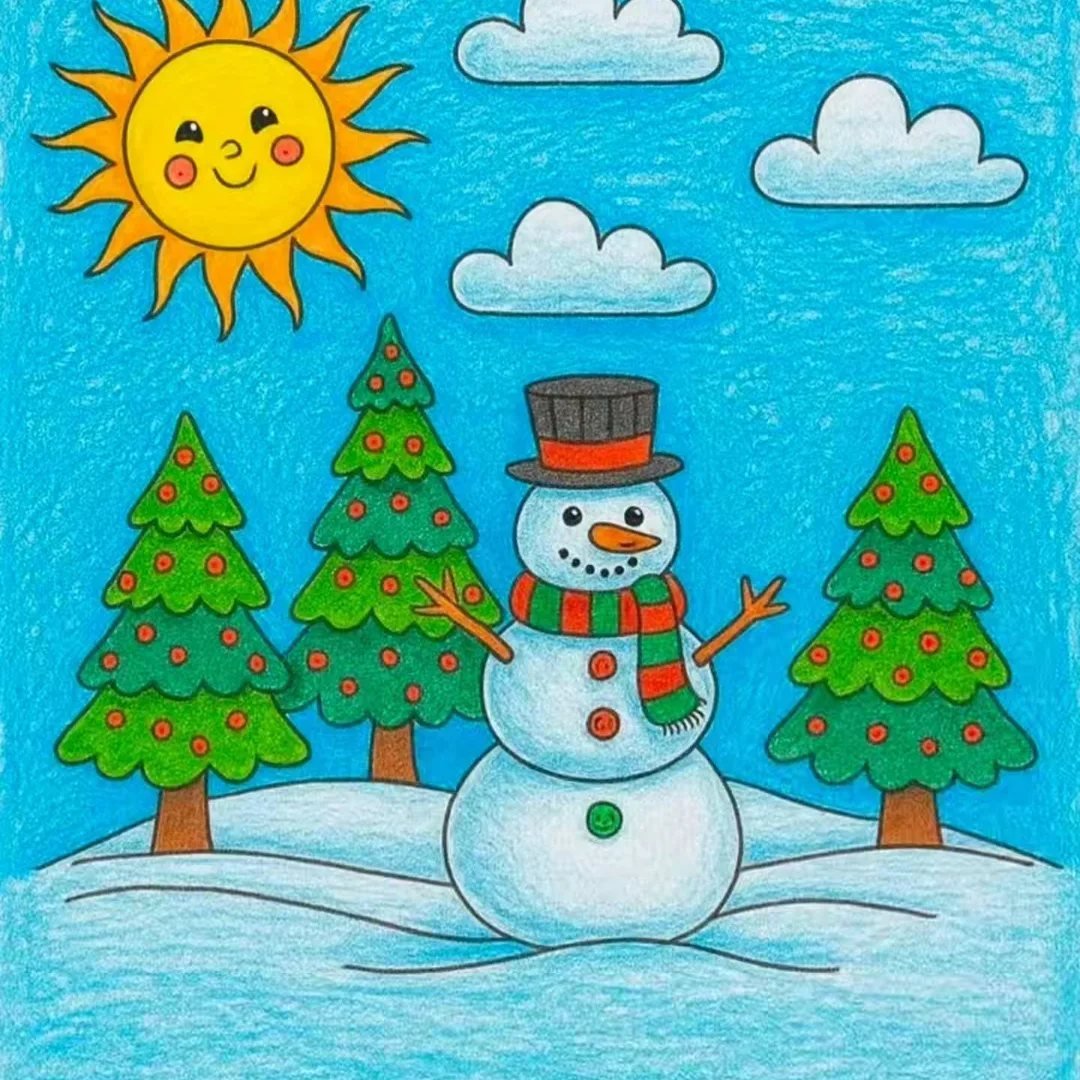 A colored drawing of a snowman in a snowy landscape with pine trees and a smiling sun.
