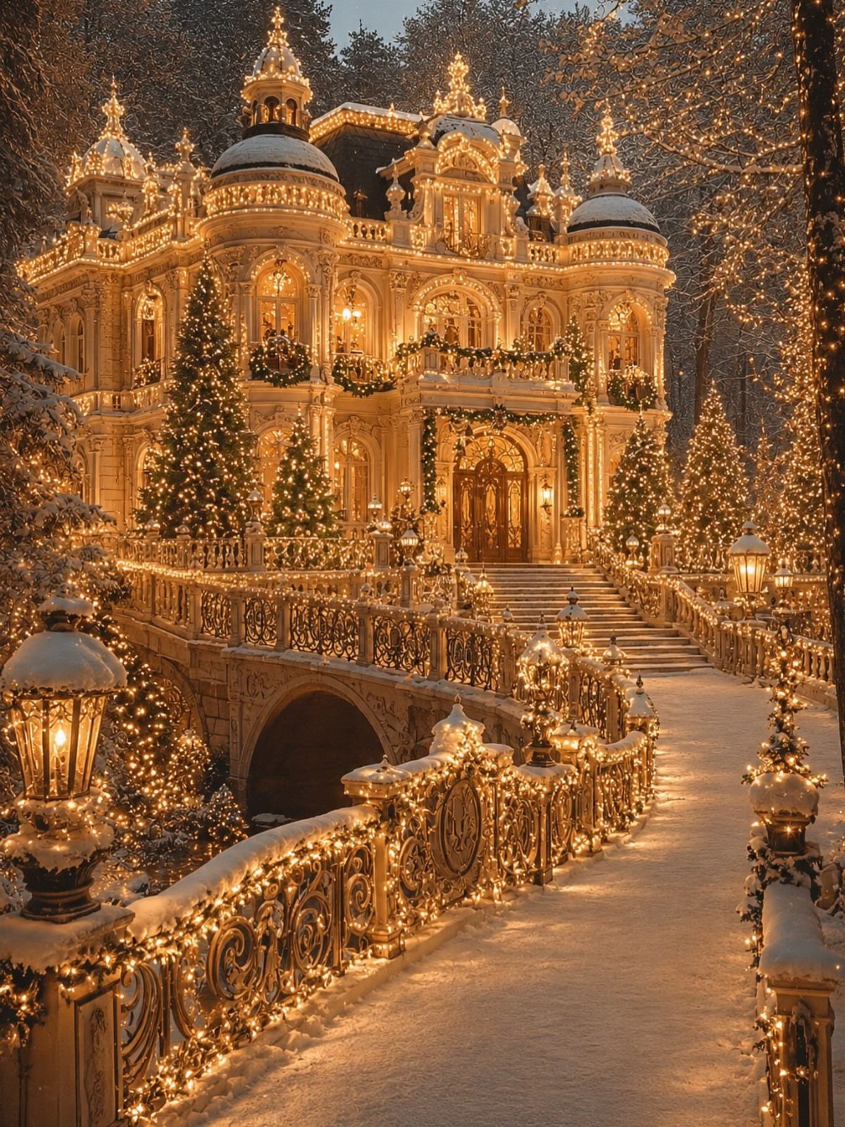 A grand, illuminated mansion covered in snow and golden lights with decorated Christmas trees.