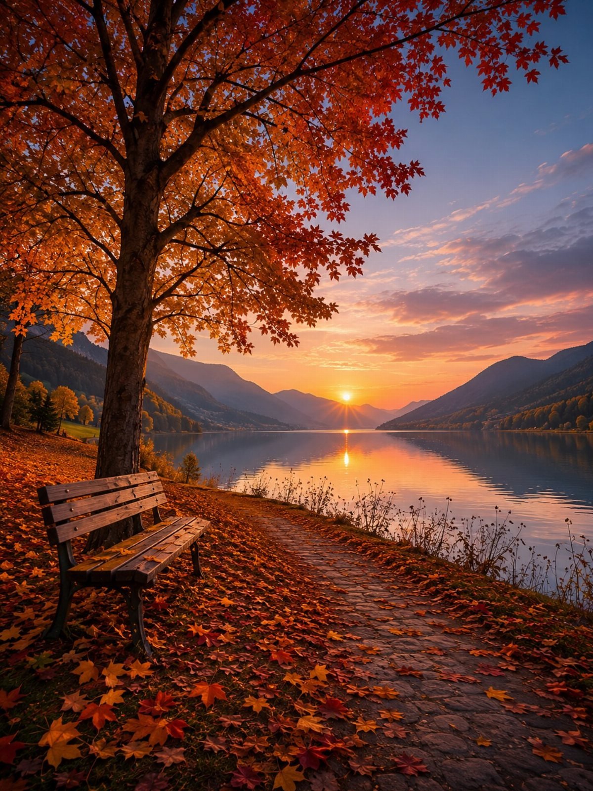 A wooden bench under an orange autumn tree beside a lake at sunset.