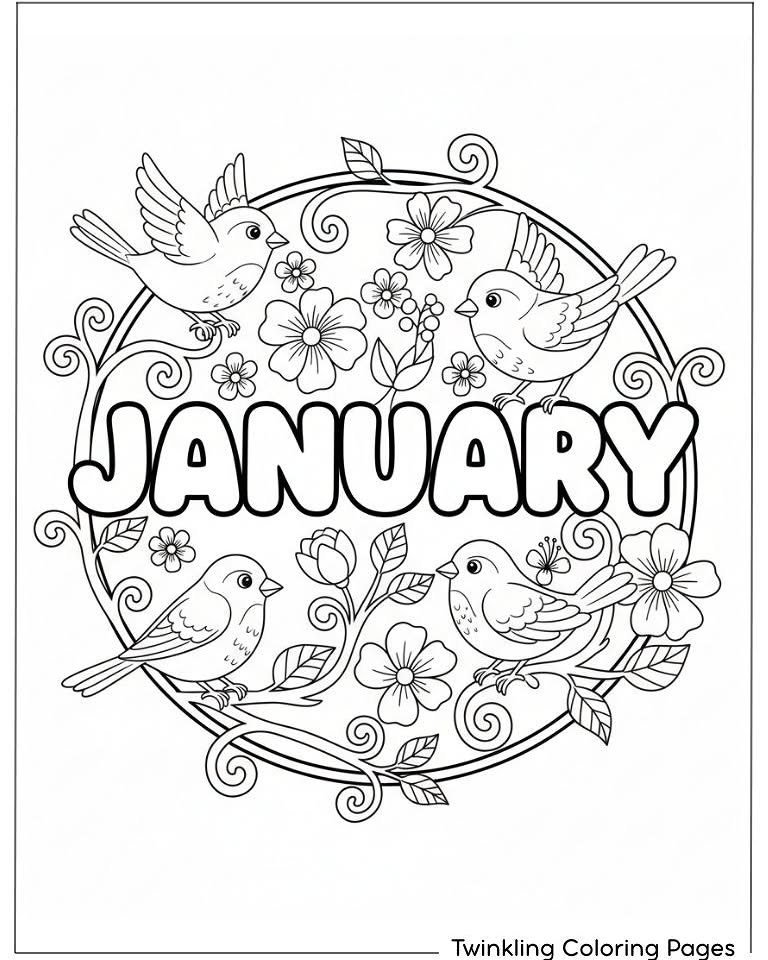 Black and white line art coloring page featuring birds, flowers, and the word January.