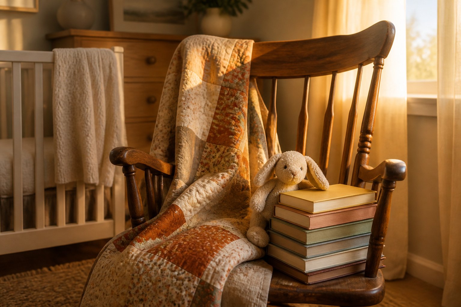 Adalyn Rose rests in a white wicker crib surrounded by toys in a nursery.