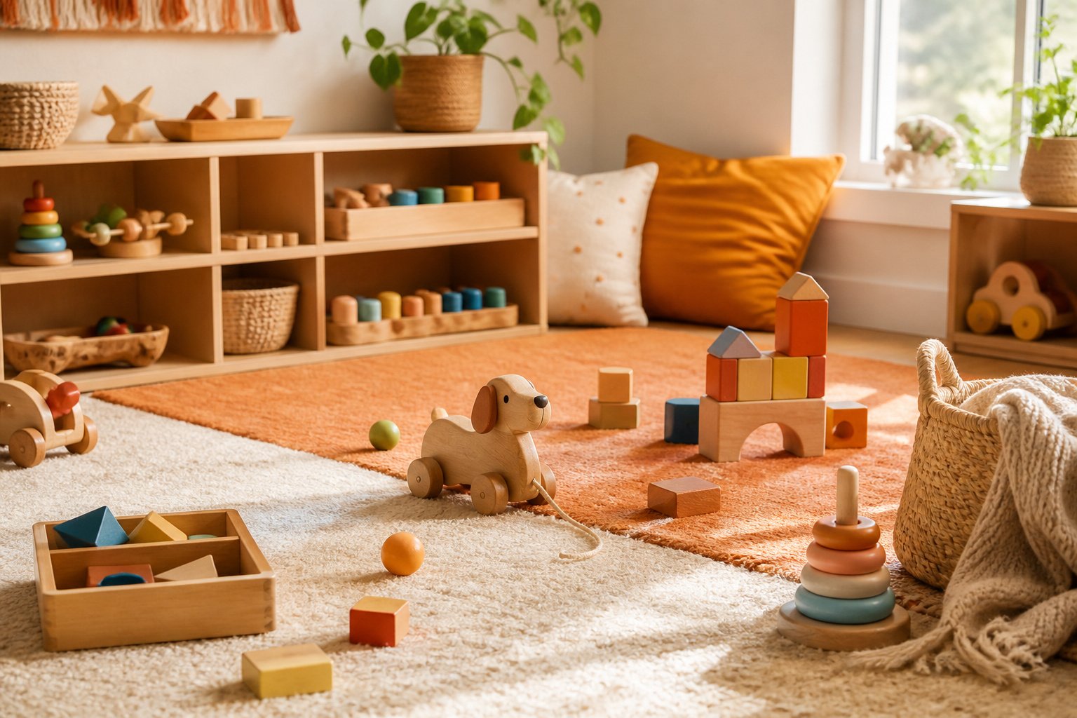 A cozy playroom with colorful rugs and low shelves filled with toys.