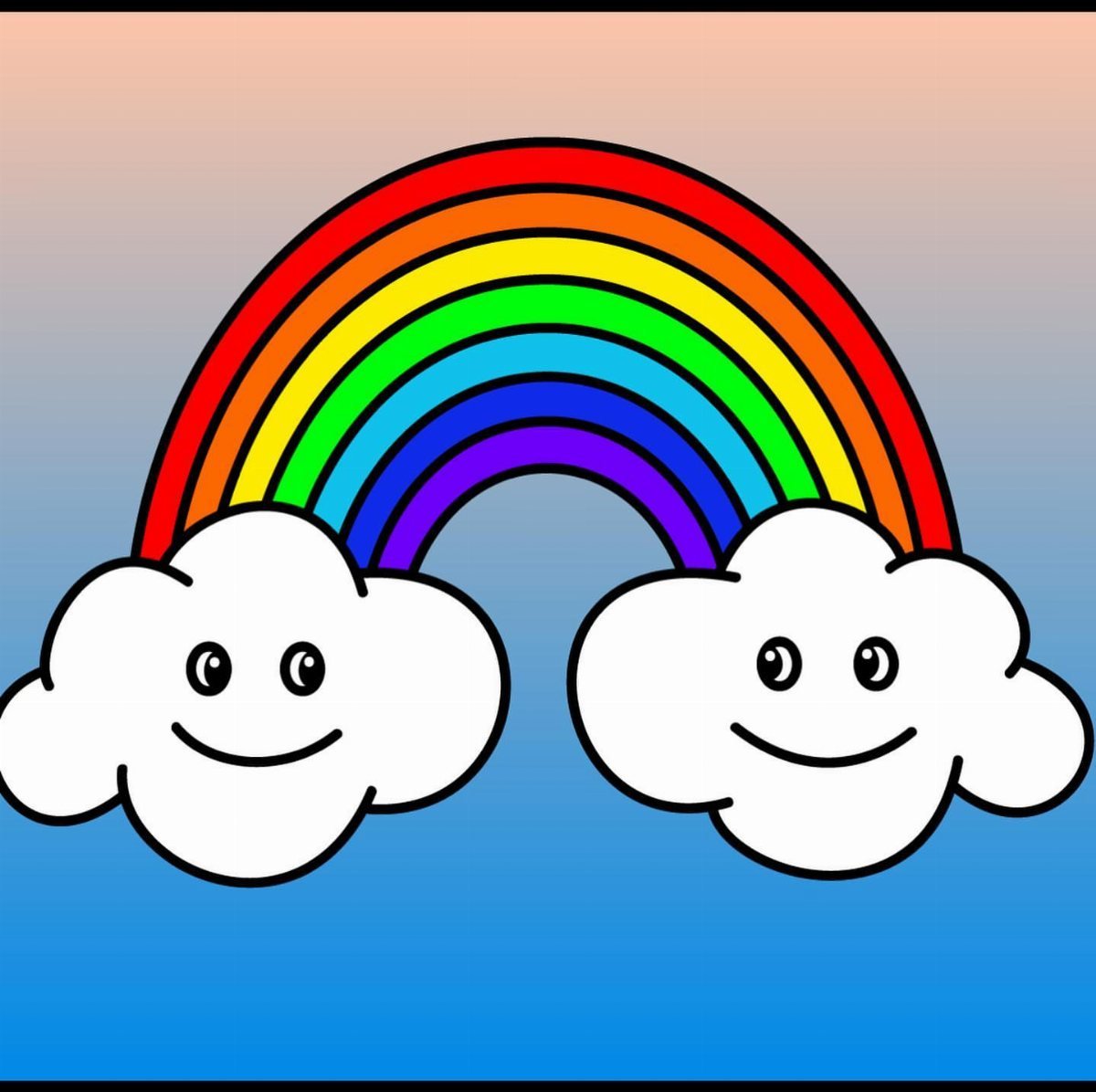 A colorful rainbow arching over two smiling white cartoon clouds against a blue and peach sky.