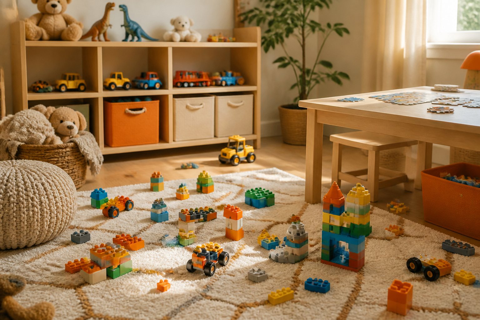 Cozy playroom with colorful building blocks in soft afternoon light