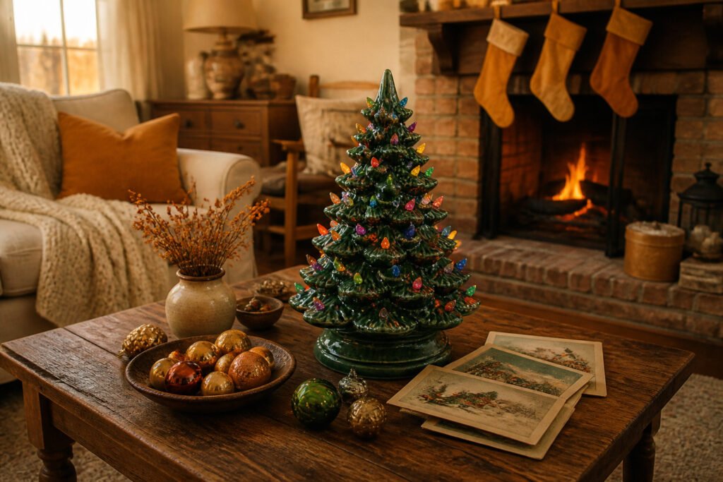 Cozy living room with a vintage ceramic Christmas tree and warm lighting.