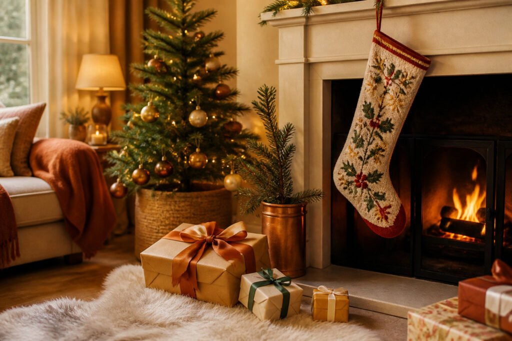 Cozy living room with fairy lights and a fireplace during Christmas