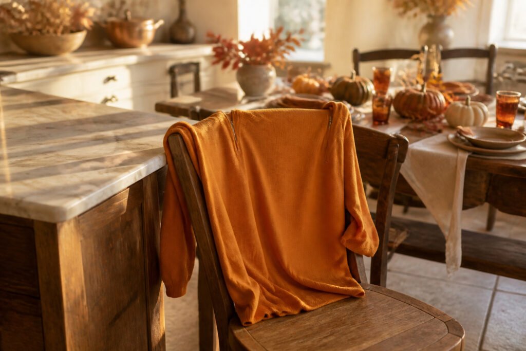 A dining table decorated with autumnal centerpiece and dishes for Friendsgiving.