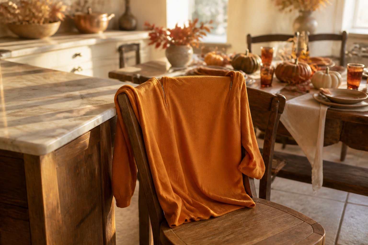 A dining table decorated with autumnal centerpiece and dishes for Friendsgiving.